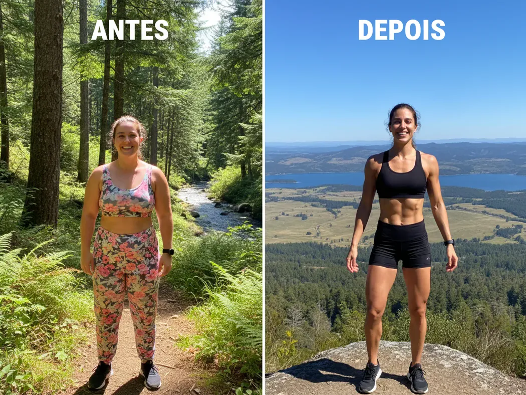 Comparação antes e depois de uma aluna do protocolo, em pé ao ar livre